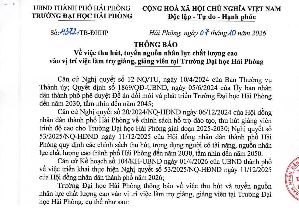 Thông báo Về việc thu hút, tuyển nguồn nhân lực chất lượng cao làm việc tại Trường Đại học Hải Phòng